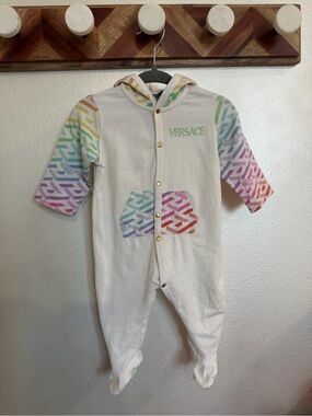 Versace White Hooded Baby Romper with Rainbow Monogram Accents